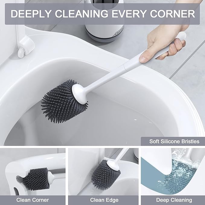 Lefree Toilet Brush and Holder Set, Silicone Brush with Ventilated Holder, Toilet Brush Set for Bathroom, Floor Standing & Wall Mounted Toilet Scrubber Without Drilling
