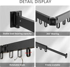 Clothes Drying Rack Wall Mounted, Laundry Drying Rack Collapsible, Space Saving Wall Drying Rack Clothing Foldable, Tri-Fold Retractable Rack Outdoor Indoor with 18 Hooks(Black，Loop-Shape Hooks)