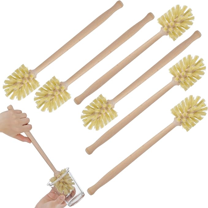 6 Pcs Bottle Brush, Natural Wood Dish Brush Scrub Brush with Long Beechwood Handle Bristles for Cleaning Bottles Mugs Jars Glasses Dishes Vases Pitchers, 13.78 x 2.6 Inches