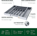 Luxury Bamboo Kitchen Drawer Organizer - Silverware Organizer - Utensil Holder and Cutlery Tray with Grooved Drawer Dividers for Flatware and Kitchen Utensils (9 Slot, Gray)