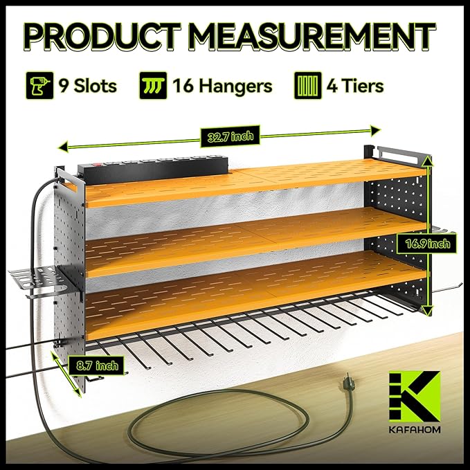 KAFAHOM Power Tool Organizer with Charging Station,9 Drill Holder Wall Mount,4 Layer Durable Metal Cordless Drill Storage for Garage Organization,Battery Tool Rack Built in 7 Outlet Power Strip-Yellow