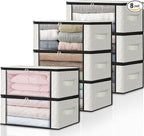 HomeHacks Storage 8-Pack Clothes Organizer Storage Bags Foldable Storage Box with Large Clear Window Sturdy Handles for Closet, Dorm, Pillows, Bedding, Clothes, Blankets, 35L, Ivory