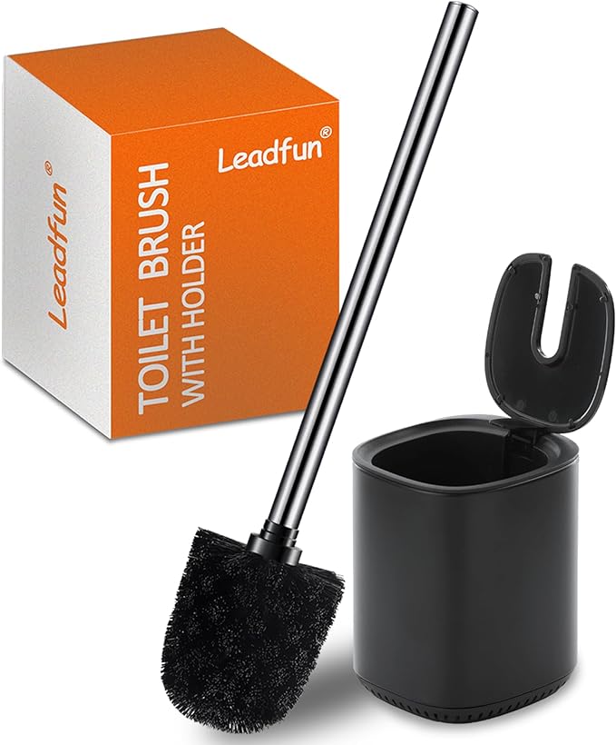 Toilet Bowl Brush and Holder, Toilet Brush with Stainless Steel Handle and Durable Bristles for Bathroom Cleaning, Automatic Closing Holder Set (Black)