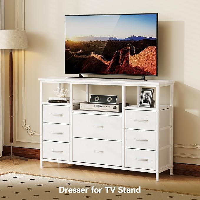 8-Drawer Fabric Dresser TV Stand for 40" TV - Sturdy Steel Frame & Wood Top Chest of Drawers, Lightweight Storage Organizer for Bedroom, Closet, Entryway (43.31" Wide, White)