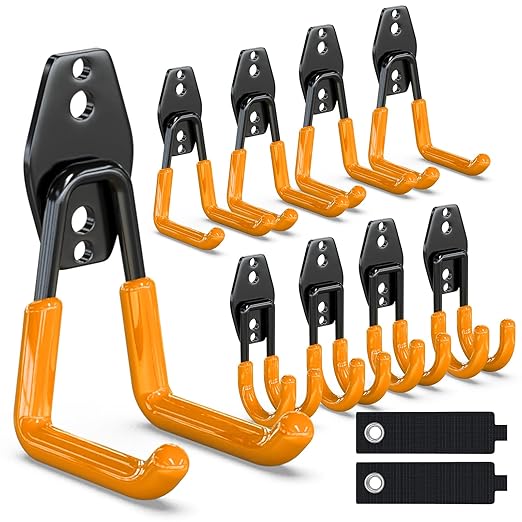 3-H Heavy Duty Garage Hooks 10 Pack, Garage Wall Hooks with Extra Welding Spots,Wall Mount Storage Organizer for Hanging Garden Lawn Tools, Chair, Shovel, Blower (Orange)