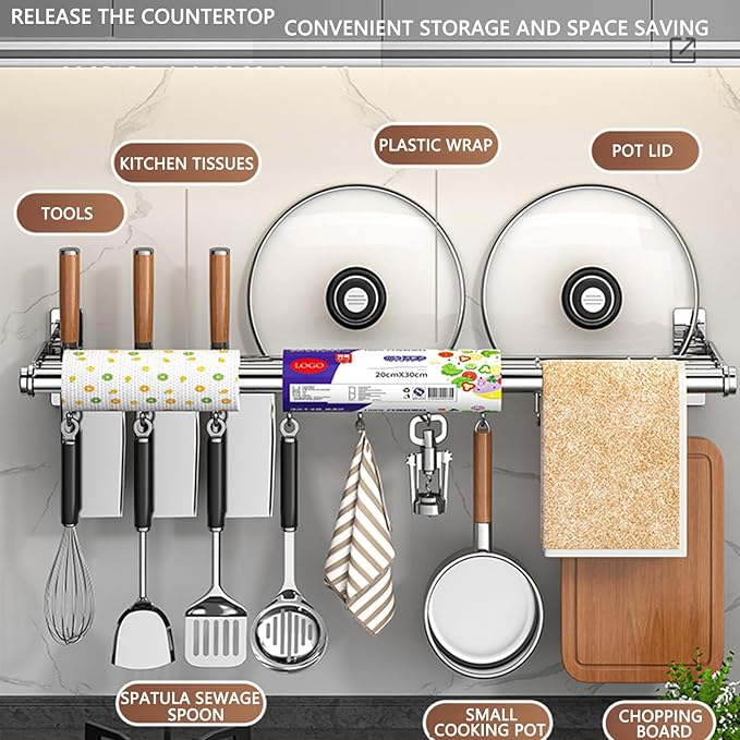 Hanging Wall Mount knife Wall Mount, Kitchen Organizer Storage Shelf for Utensils Spatula Spoon, Space-Saving Knife Rack with Hooks,Wall-Mounted Utensil Holder (Grey, 50CM+Single Pole+8Hooks)