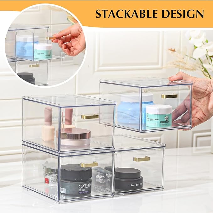 4 Pack Clear Stackable Storage Drawers, 8" Tall Bathroom Makeup Organizer with Handle, Plastic Organizer Bins Easy Assembly for Home, Kitchen, Pantry, Cabinet Under Sink Organization