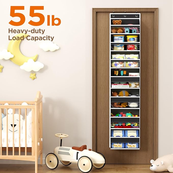 Over The Door Organizer, 7 Tier Door Hanging Organizers with 7 Large Pockets 12 Side Pockets, Behind Door Storage Hanging Shelves for Closet Bathroom Bedroom Nursery