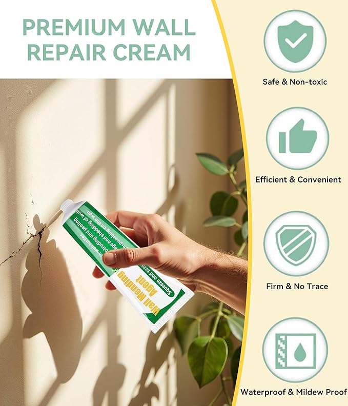 Indoor Safe & Odorless Wall Hole Repair Mixture – Quick-Dry with Scraper, Fast Fills Cracks for Smooth Paint-Ready Walls (Wall Repair Paste 2 Pack ＆ Wall Repair Patches)