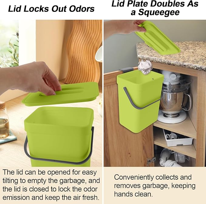 Compost Bin Kitchen, Bring 5 Rolls (100) of Garbage Bags, for Use on Countertops or Under Sinks, Hanging Trash Can with Lid, for Cupboard/Bathroom/Bedroom/Office/Camping(Green 1.3 Gallon/5L)
