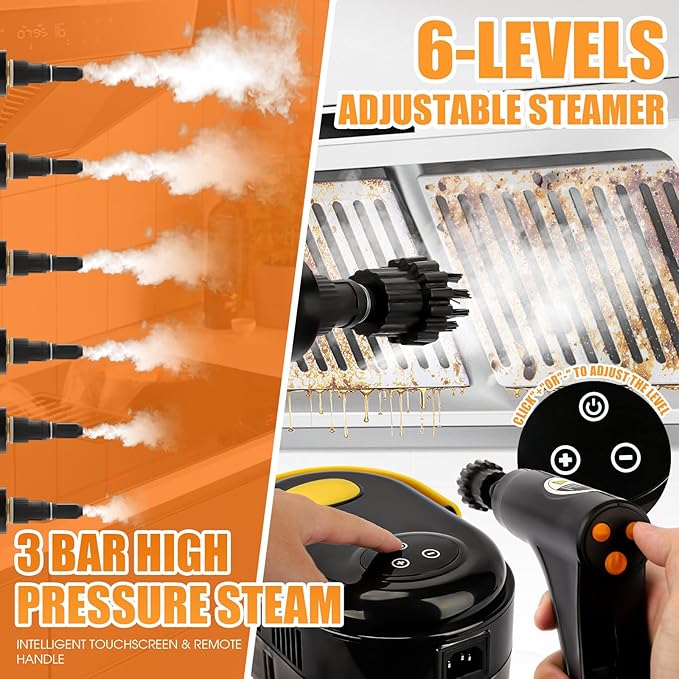 Handheld Steam Cleaner 1200ML Large Capacity Steamer for Cleaning, 6-Level Handle Remote Control Steamer, High Pressure Steam Cleaner for Home, Kitchen, Car, Windows - 12 Attachments Cleaning Tools