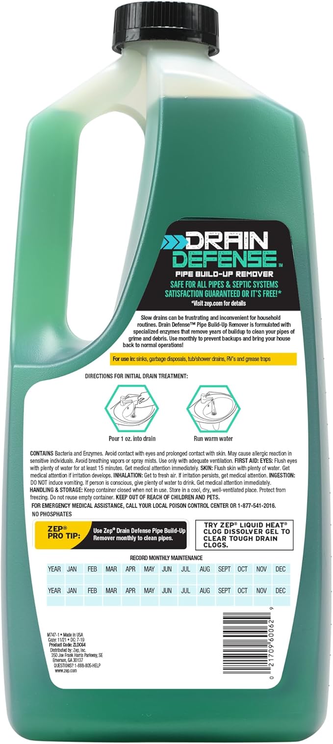 Zep Drain Defense Pipe Build-Up Remover - 64 oz (Case of 8) ZLDC64 - Professional Strength Liquid Pipe Build Up Remover