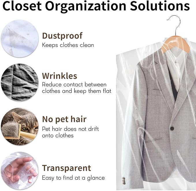 30 PCS 35.5 Inch Plastic Garment Bag, Dry Cleaner Bags Laundry Bags, Clear Hanging Clothing Covers for Coat Suit Shirt Jacket Skirt