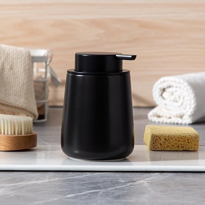 Enra Foaming Black Soap Dispenser, 12 oz Ceramic Refillable Modern Foam Soap Dispenser for Bathroom and Kitchen with Easy-to-Press Pump