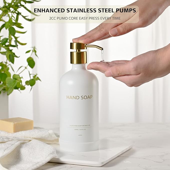 Glass Soap Dispenser Set with Ceramic Tray, 16.9 floz Hand and Dish Soap Dispenser for Bathroom Decor, White and Gold Kitchen Accessories (White Bottles + Gold Pumps)