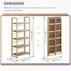 4NM No Assembly Folding Bookshelf, 5-Shelf 62.2" H Collapsible Foldable Bookcase Storage for Small Spaces, Brown and Golden