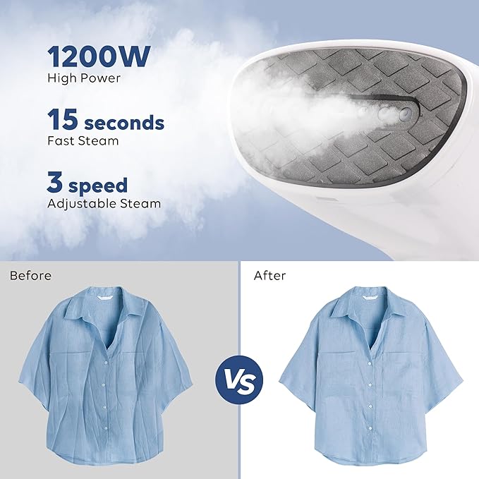 Portable Steamer for Clothes 1200W, 3-Level Steam Adjustment, 15s Fast Heat-up, Garment Steamer Wrinkles Remover with Brush, 265ml Water Tank for Home Travel Office (120V Only)