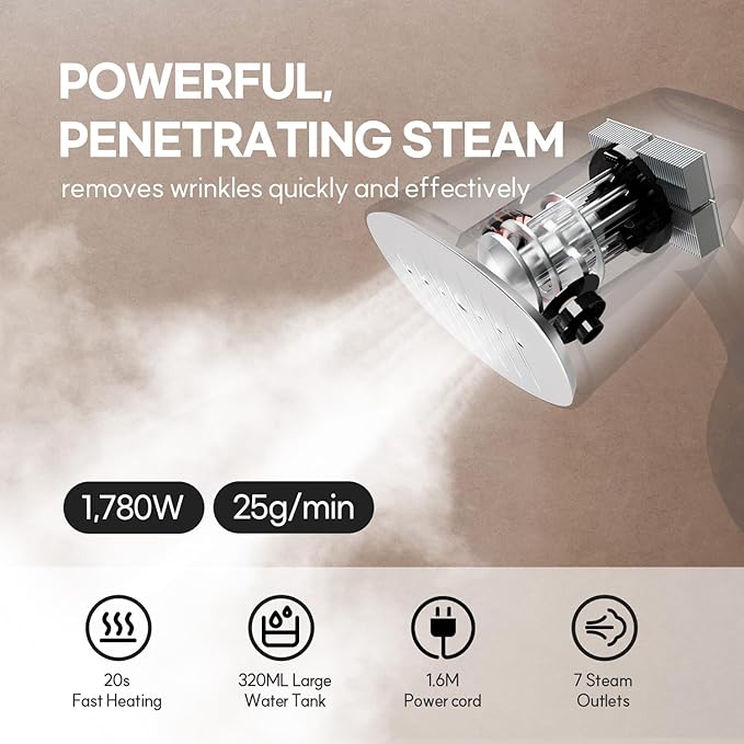 HubiCare Handheld Garment Steamer for Clothes - TurboSteam 1500W, 3 Steam Levels, 320ml Big Capacity, Strong Penetrating Steam, 20s Fast Heat-up, Steam Iron Fabric Wrinkle Remover with Brush