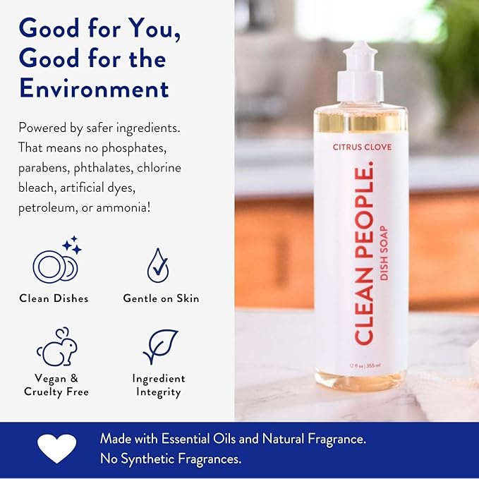 THE CLEAN PEOPLE Liquid Dish Soap - Clean, Simple Ingredients - Extra Scrubbing Power (Citrus Clove Scent) 12 fl. oz (3 Pack)