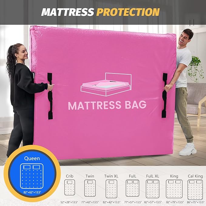 Mattress Bags for Moving and Storage, BETU Twin Mattress Protector Waterproof Mattress Cover with 8 Heavy Duty Handles and Zipper Extra Thick Moving Supplies for Dorm Bed Reusable (77x42x13.5 Pink)