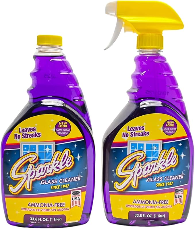 Sparkle Glass Cleaner 1 Spray Bottle 33.8 And 1 Refill 33.8, Ammonia-Free Original Formula Heavy Duty Glass Cleaner, Leaves No Streaks (67.6 Fl Oz,Pack of 6)