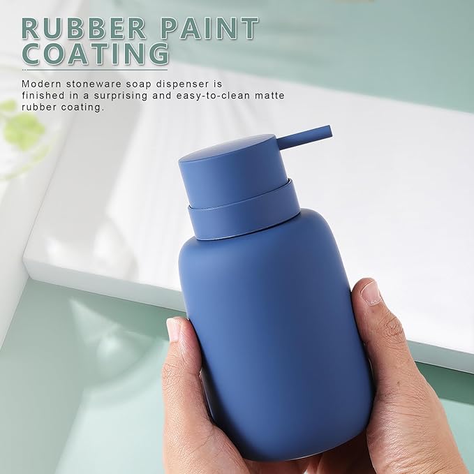 Blue Soap Dispenser Bathroom,Ceramic Soap Dispenser Lotion Pump Dish Soap Dispenser for Kitchen,16oz Refillable Liquid Hand Wash Dispenser for Bathroom (Rubber Paint)