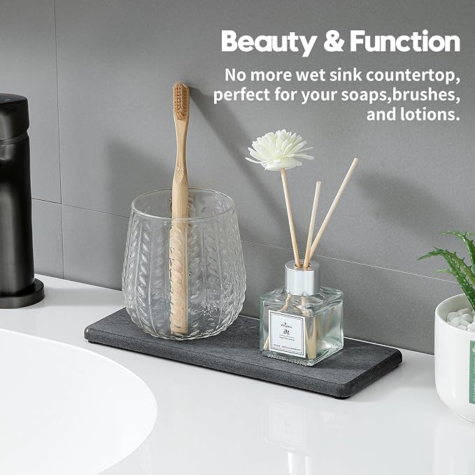 2PCS Bathroom Trays, Water Absorbing Diatomite Stone Quick Drying Mat for Kitchen Counter, Dish Rack Soap Dispenser Sponge Holder Caddy Sink Vanity Organizer, Dark Gray Slate,9"x3.5"