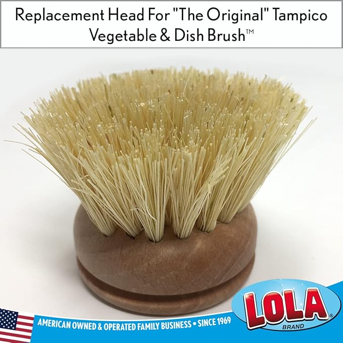Lola Products Replacement Head for The Original Tampico Vegetable & Dish Brush, 1.75" Head, Birchwood & Poly Bristles, Reusable & Washable, 1 Pack