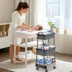 3 Tier Rolling Cart - Baby Diaper Caddy Organizer, 3 Tier Utility Cart Newborn Baby Nursery Essentials, Large Capacity, Easy to Assemble, Storage for Bedroom, Changing Table & Crib