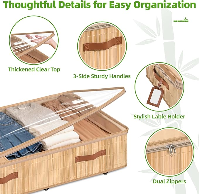 Livole 2 Pack Bamboo Under Bed Storage with Wheels, 6 inches Underbed Storage Containers, 56L XXL Rolling Under Bed Storage Bins with Clear Lid & Label for Clothes, Blankets, Sweater, Shoes