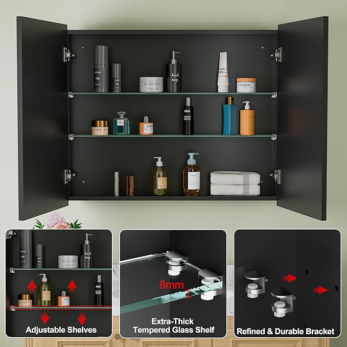 Buruis 36" x 30" Framed Medicine Cabinet with Mirror, Recessed or Wall Mounted Bathroom Cabinet, Adjustable Tempered Glass Shelves, Left/Right Open Reversible, No Assembly Required, Black