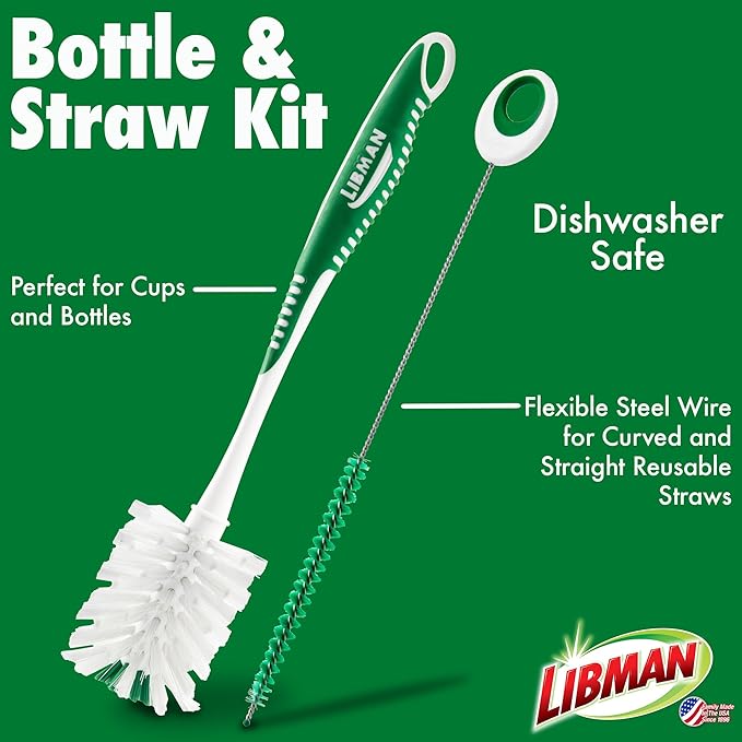 Libman Bottle & Dish Brush Kit | Cleaning Brushes for Kitchen Use | Straw Brush | Scrub Brushes for Dishes | Big Job Kitchen Brush | Palm Scrub Brush | 3 Different Brushes & Straw Cleaner Included