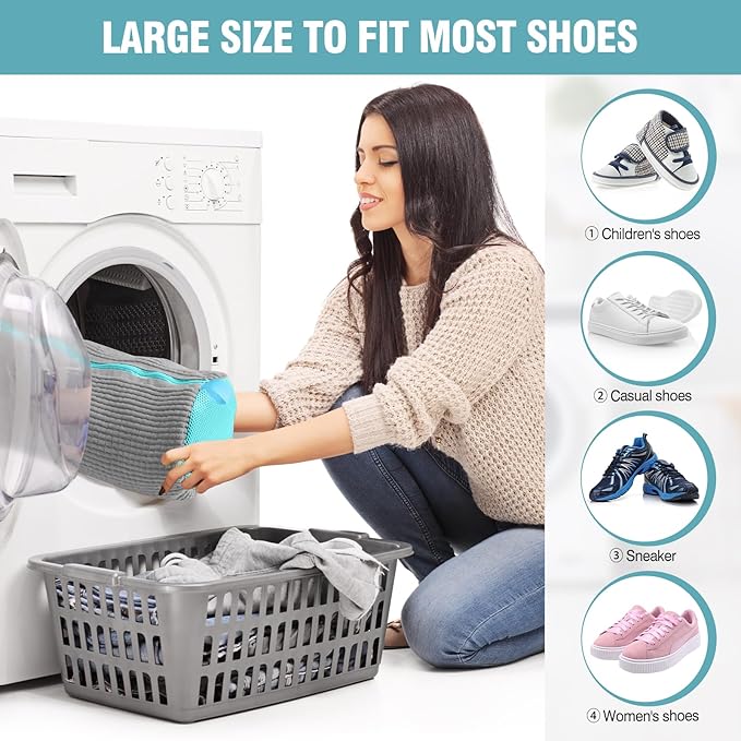 Shoe Washing Machine Bag, XXL Shoe Laundry Bag for Washer and Dryer, Sturdy Zipper with Hook Design, Sneaker Dry Bag Included, Reusable for Sneaker, Tennis, Gray 1 Pack