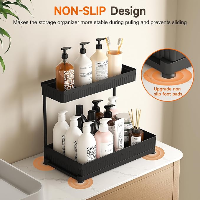 3 Pack Multi-Purpose Under Sink Organizers and Storage, 2025 L-Shaped Pull Out Cabinet Organizer for Bathroom & Kitchen, Under Cabinet Organizer with Hooks Hanging Cup, Black, Elevated