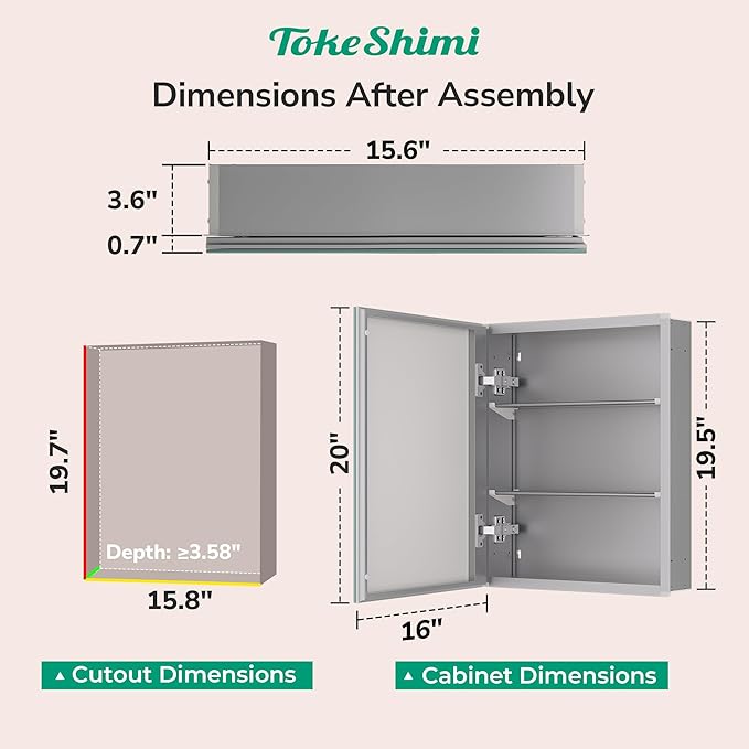 TokeShimi 16x20 Recessed Medicine Cabinet with Mirror Aluminum, Tempered Frameless Bathroom Mirror with Storage Adjustable, Silver Surface Mount Medicine Cabinet for Bathroom Farmhouse
