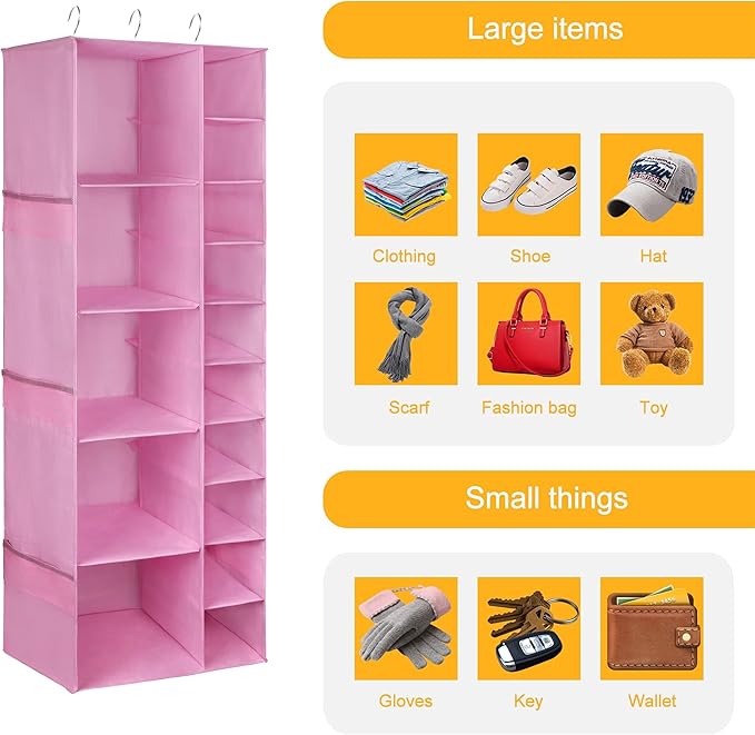 Libeder Shoe Organizer for Closet, 15 Shelf Hanging Closet Storage Shelves - 10 Shoe Rack Organizer and 5 Compartment for Clothes with 6 Side Mesh Pockets for Scarves Socks,Gloves Pink