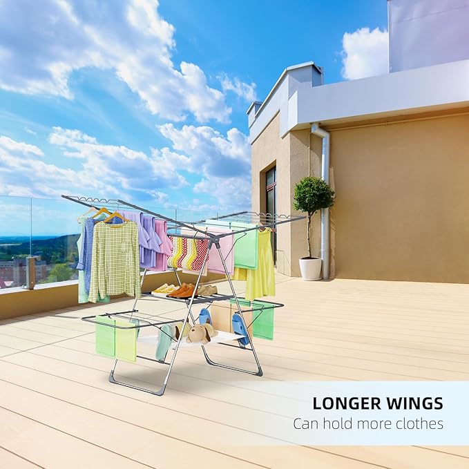 Clothes Drying Rack, Foldable 2-Level Laundry Racks for Drying Clothes Rack,Stainless Steel Drying Rack Clothing Collapsible for Indoor Outdoor,with Height-Adjustable Wings,33 Drying Rails,Gray