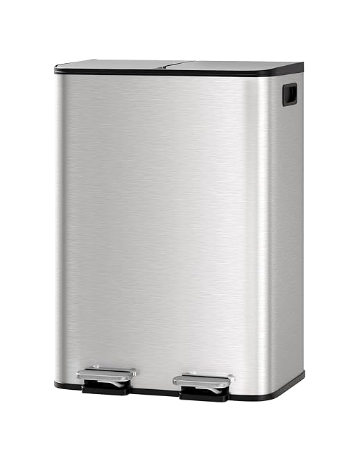 GarveeHome 2 x 8 gal Stainless Steel Double Trash Can with Lid for Kitchen, Large Dual Trash and Recycle Bin Combo, Step-on Kitchen Metal Garbage Cans, PP Inner Buckets, Liner Rim, Silver