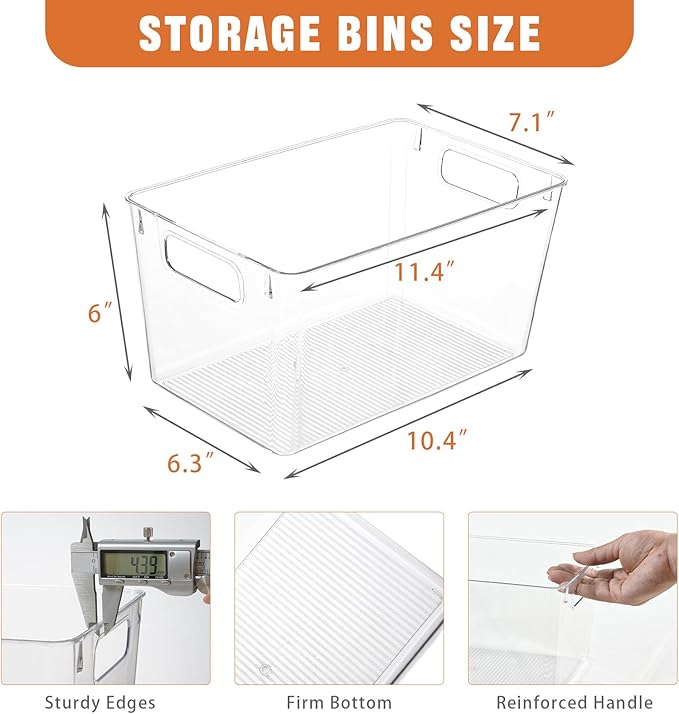 6 Pack Large Clear Plastic Storage Bins,Plastic Containers with Handle for Pantry Organizer and Storage,Perfect for Kitchen,Fridge,Cabinet, Closet,Bathroom Under Sink Storage