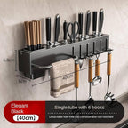 New Multi-Functional Kitchen Rack Home Wall-Mounted Knives Chopstick and Spoon Storage Rack Punch-Free cookware draining Rack, 40, Black