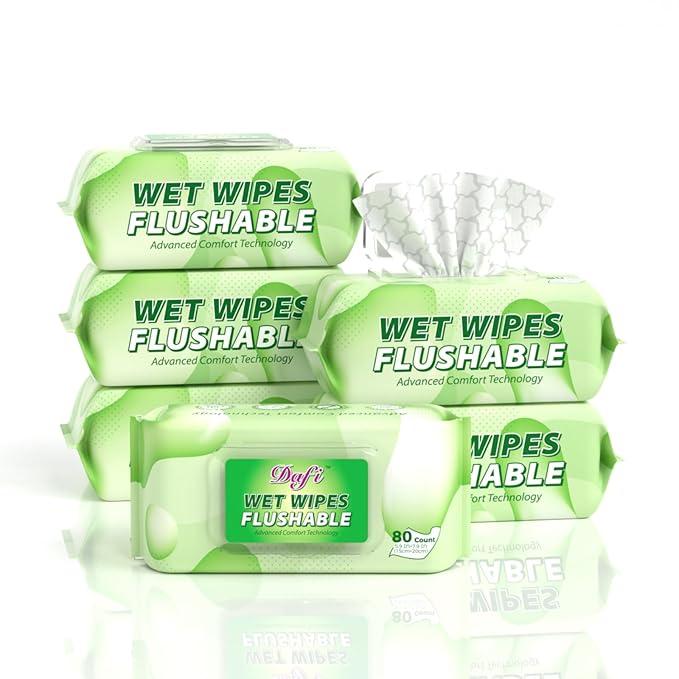 DAFI Flushable Wipes for Adult Wet Wipes, Total 480 Unscented Toilet Wipes Flushable, No Alcohol & 100% Plant Based Fibers, Septic and Sewer Safe Pack of 6