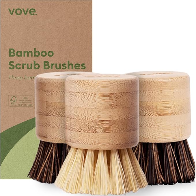 Vove Bamboo Scrub Brush Set, 3 Pack - FSC Certified Bamboo, Plastic-Free Natural Fiber Bristles, Sisal & Union Fibers, Stainless Steel - Kitchen Dish Scrubbing Set, 2 Hard, 1 Medium