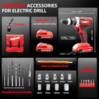 DOGTOOTH 21V MAX Cordless Drill, 1* Battery and Charger, 2 Variable Speed Max 1350 RPM, Build-in LED, 23 Bits, Storage Bag - Red
