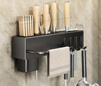 SEIDO Carbon Steel Utensil Rack – Space-Saving 12" L Kitchen Organizer with hooks & hanging bar, Matte Black Knife Holder, 2 Installation Options (Adhesive/Screwed)