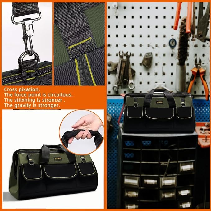 FASTECH 22-inch Wide Mouth Tool Bag with Water Proof Molded Base, Wide Mouth Tool Tote Bag, Waterproof Tool Organizer Bag for Men with Adjustable Shoulder Strap(No Bottom Shell)