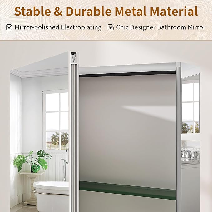 BEAUTYPEAK Bathroom Medicine Cabinet Mirror with Storage, 16 Inch x 24 Inch Silver Medicine Cabinet with Single Door & Adjustable Shelves for Vanity, Tempered, Aluminum Surface, Wall-mount or Recessed