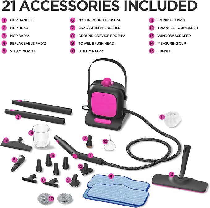 Steam Cleaner,Heavy-duty Steam Cleaners for Home,Detachable Handheld Steamer for Cleaning,248°F Steam Mop for Floors, Cars,Furniture,Tiles, Kitchen,Bathroom,Grout and More,21-Piece Kit Include