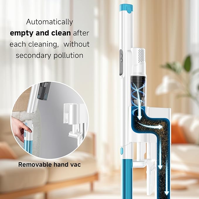 Self Clean and Empty Cordless Vacuum Cleaner with 2.5L Dust Base, Powerful Suction Handheld Vacuum, Auto Empty System, HEPA Filtration, Stick Vacuum for Pet Hair, Hardwood and Carpet, Blue