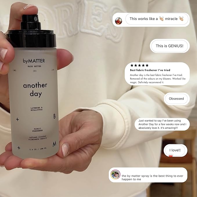byMATTER Another Day Clothes Refresher Spray – Fabric Freshener, Luxury Perfume, Dry Wash Mist For All Clothing Types, Plant Based, Odour Eliminating, Linen Spray for Clothes (100ml / 3.4 Fl Oz)