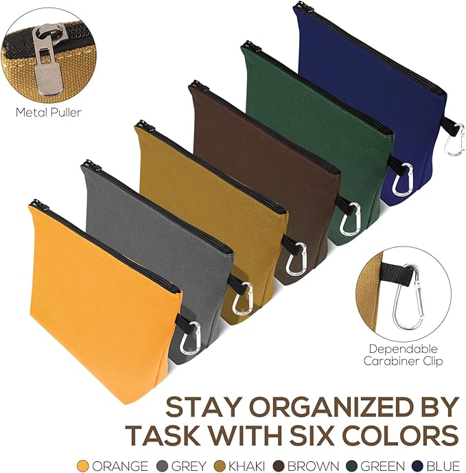 6 Pack Canvas Zipper Tool Bag, Premium Tool Pouches, Multi-Purpose Storage Organizer with Carabiner.